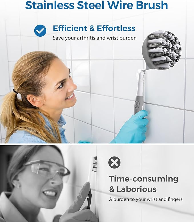 kHelfer Electric Cleaning Brush with Battery Power, Electric Grout Brush | Lightweight & Waterproof, 5 Brush Heads, Stainless Steel Wire Brush, Cleaning Brush for Grout, Tile, Corner, Crevice, Kitchen