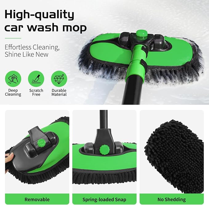 HIPPIH 15° Curved Car Wash Brush with Long Handle, 2 Scratch-Free Mop Heads | 43" Microfiber Car Cleaning Brush with Extension Pole, Exterior Car Wash Supply Kit for Roof RV Truck Camper SUV Caravan Boat