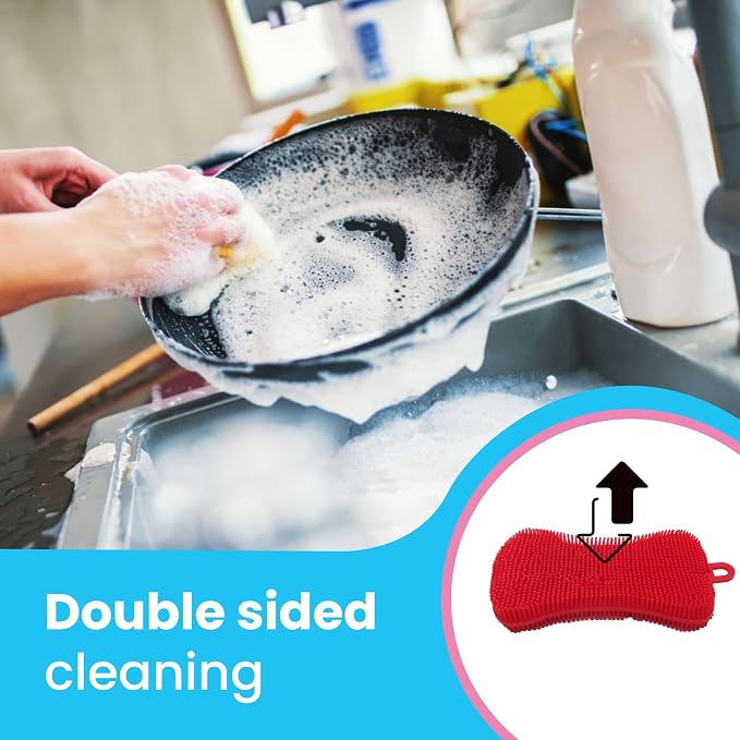 Gadgetime USA Silicone Dish Sponge - Dishwashing Kitchen Scrubber - Double Sided Sponge Brush - Multipurpose & Reusable Silicone Dish Sponges for Dishes, Fruits & Vegetables Cleaning - Pink (3 Pack)