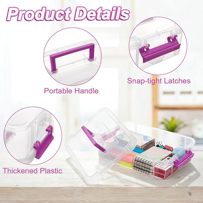 BTSKY Clear Plastic Storage Box, Portable Organizer Container Purple Handle | Stackable Storage Bin for Office Home, Multi-Use Container Box with Lid for Stationery Jewelry Craft Sewing Supplies