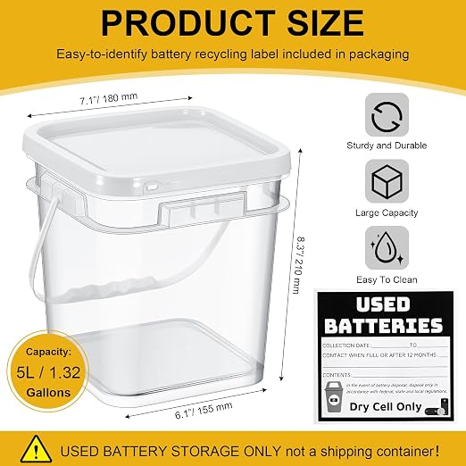 Baderke 1 Pack Battery Recycling Disposal Container with Label, White | 1.32 Gallon Capacity, Battery Recycling Container with Label, Used-dry-cell Battery Storage Organizer, for Household, Office