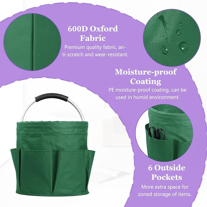 2PCS Cleaning Caddy, 17L Collapsible Cleaning Supply Caddy with Handle, Foldable Tool Bucket Organizer with Outer Pockets, Storage Basket for Travel, Housekeeping, RV, Green + Black