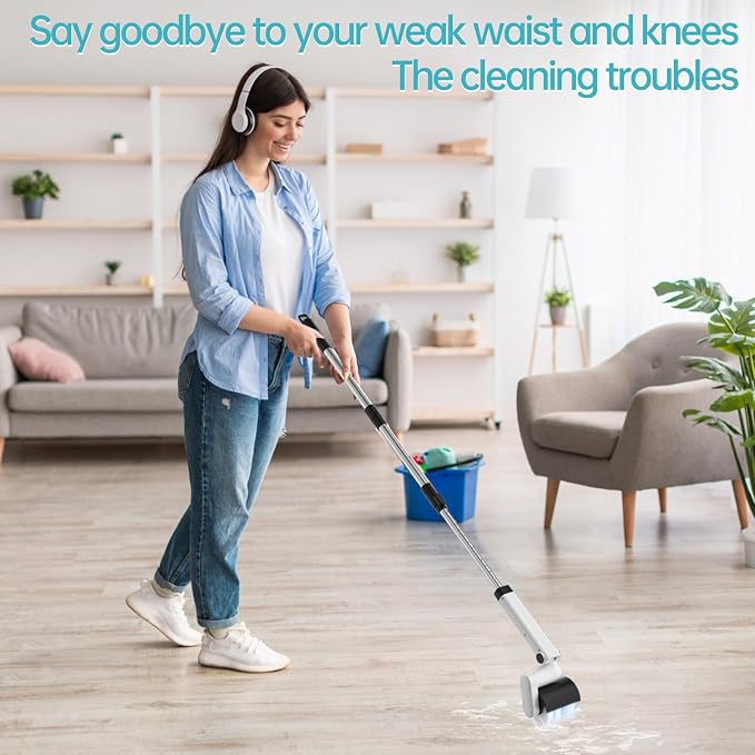 Roller Electric Spin Scrubber - 2-Speed Waterproof Cordless Power Cleaning Brush, 4 Multi-Purpose Brush Heads & Telescopic Pole for Deep Floor, Bathroom, Furniture, Glass & Car Cleaning