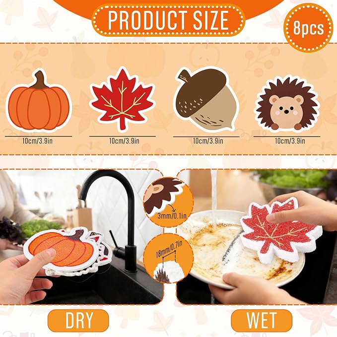 Whaline 8Pcs Fall Kitchen Sponges Pumpkin Maple Leaves Acorn Hedgehog Water Absorbing Dish Washing Sponge Non Scratch Cleaning Scrubbers for Autumn Thanksgiving Home Kitchen Decor