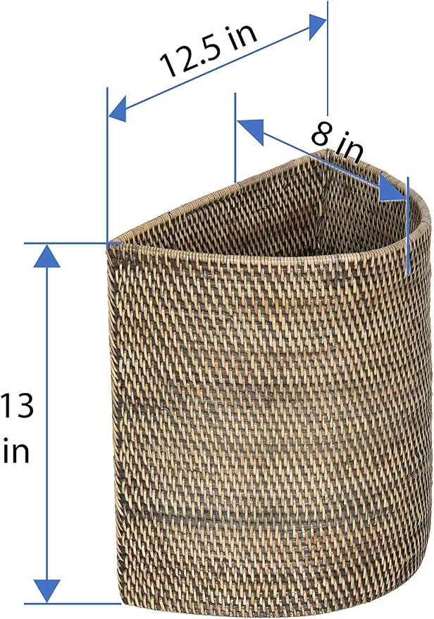 KOUBOO Half-Moon Rattan Waste Basket, Wicker Trash Can, Indoors, Black Wash | Handwoven natural texture, space-saving half-moon shape, lightweight design, ideal for paper and dry household waste