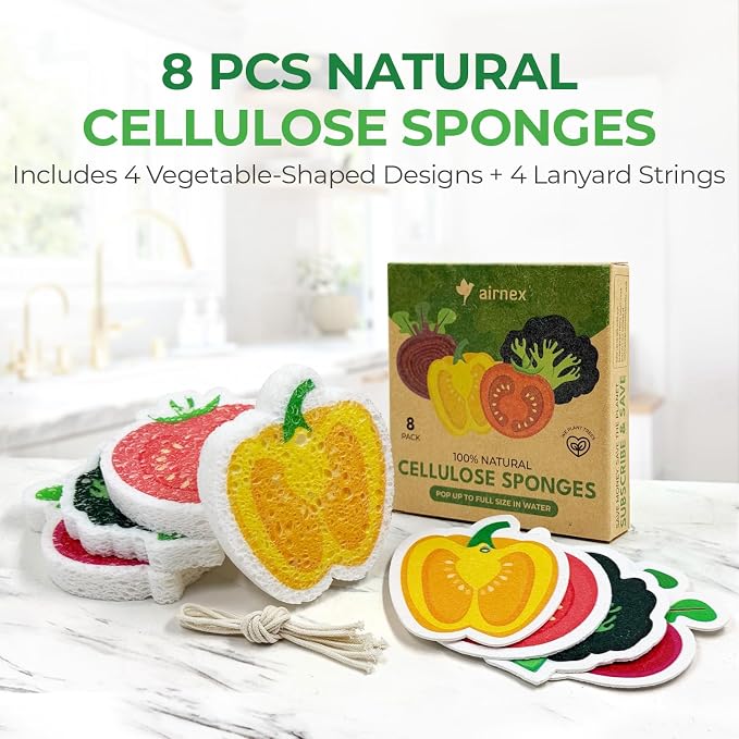AIRNEX Biodegradable Cellulose Compressed Sponges Bulk - Vegetable Shaped Kitchen Pack of 8 - Eco Friendly, Odor Free, Natural, Pop Up Compostable Scrubbers for Washing Dishes