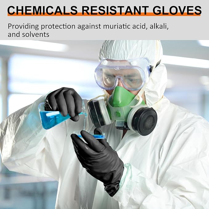 Beieverluck 10 Pairs Chemical Resistant Gloves, Reusable Heavy Duty Rubber Work Gloves with Textured Palm, Black Cleaning Dishwashing Gloves, Medium