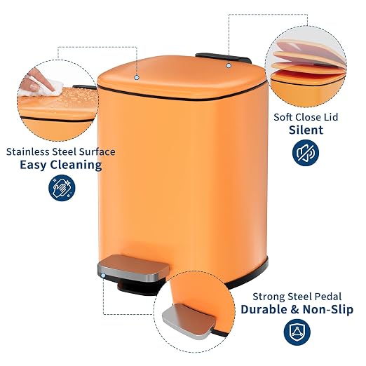Garvee Bathroom Trash Can with Lid, 1.6 Gallon Small Garbage Can, Orange | Step Pedal, Soft-close Lid, Rear Handle, Removable Plastic Inner Liner with Trash Bag Retainer Ring, for Kitchen, Office