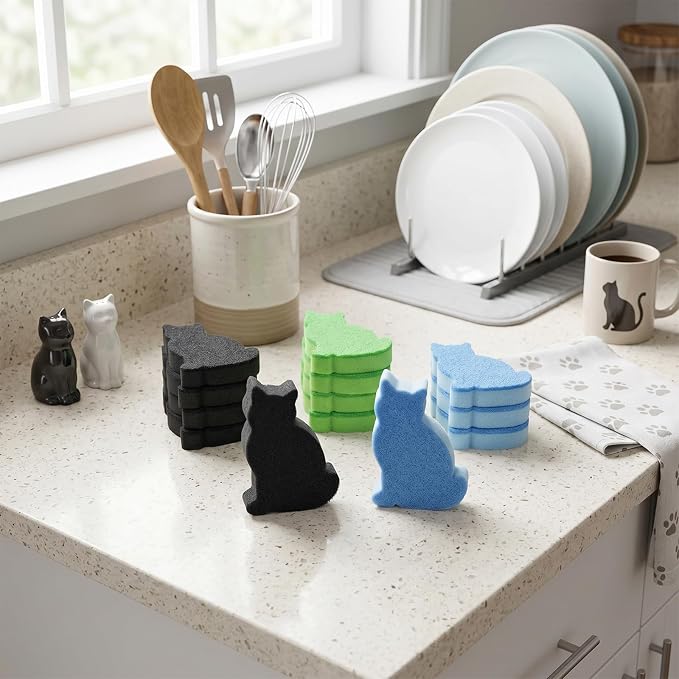 Tioncy 12 Pack Cat Shaped Sponges Cute Dual Sided Non Scratch | Reusable for Dishwashing Cookware Pot Pan, Cute Kitchen Cleaning Accessories, Non Scratch Bulk Household Supplies