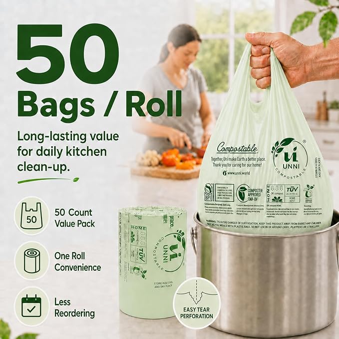 UNNI 2.6 Gallon Compostable Bags with Easy-Tie Handles, 10 Liter, 50 Count | Small Compost Bags for Countertop Bins & Kitchen Food Scraps, Certified by BPI, CMA & OK compost HOME, Meets ASTM D6400