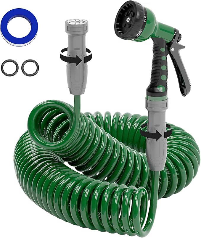 SPECILITE 3/8" Lightweight Coil Garden Hose 75 FT, EVA Flexible Water Hose | Curly Pipe with 6-Pattern Spray Nozzle for Outdoor, Boat, Greenhouse, Yard, Patio, Green