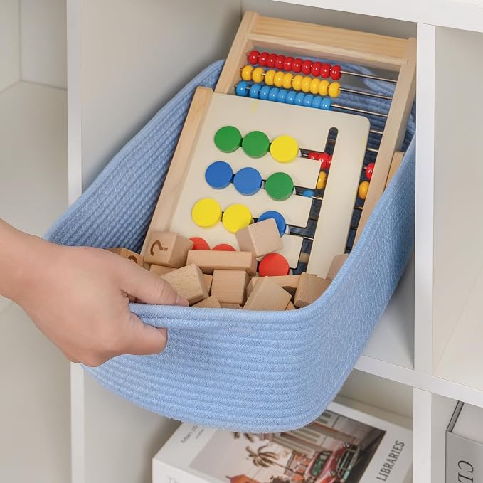 CubesLand Cute and Durable Small Cotton Rope Basket for Organizing | Woven Closet Storage Bin,Shelves Closet Storage Basket, Bathroom Storage Organizer Bin, Nursery Toy Basket Bin, Blue Basket