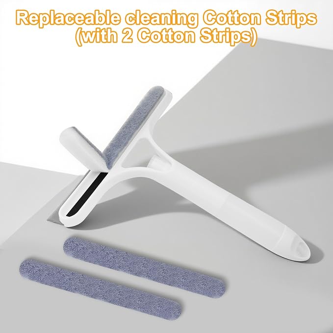 3-in-1 Spray Window Squeegee with Scraper and 2 Cotton Pads, White | Spray, wipe, and squeegee glass with one handheld tool; includes two replaceable cotton cleaning strips