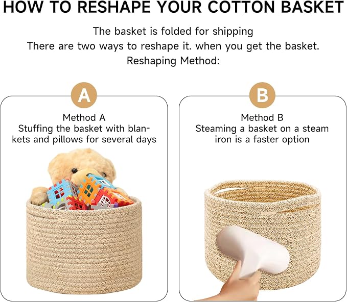 MiniArk Small Basket for Organizing | Cube Shelf Closet Storage Baskets | 9.7×9.7×7.1” | Woven Rope Gift Basket | Nursery | Round 3 Packs Pink