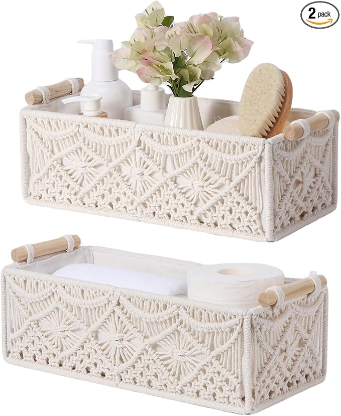 Nonam 2pc Macrame Storage Baskets, Boho Woven Boxes for Home, Weave White | Handcrafted macrame storage boxes. Stylish boho decor for shelves, toilet tank & cabinets. Durable, versatile & chic.