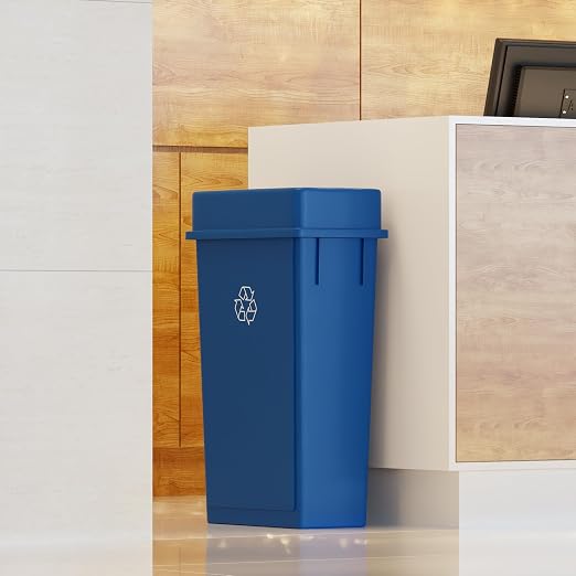 23 Gallon Blue Rectangular Slim Trash Can with Drop Shot Lid | Great for Home, Commercial, or Restaurant Use.