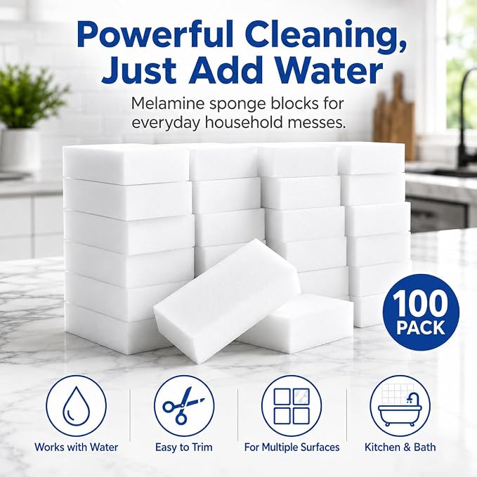 100 Pack Melamine Foam Magic Eraser Sponges for Multi - Surface Use | High-Density Melamine Foam Extra Durable Resists Crumbling WALLS · SHOES · KITCHEN Powerful Cleaning with Just Water