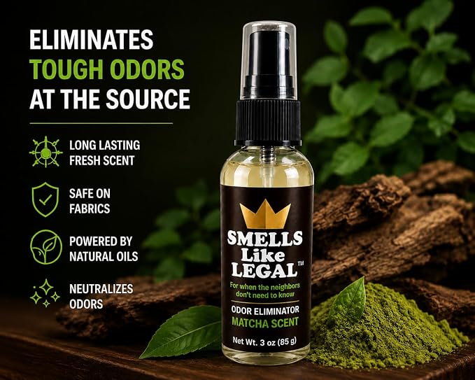 Smells Like Legal® Matcha Odor Eliminator Spray, 3 oz Travel Size – Shoe & Fabric Deodorizer, Eliminates Smoke, Pet, Food & Gym Bag Odors, Water-Based, Fabric Safe, Made in USA