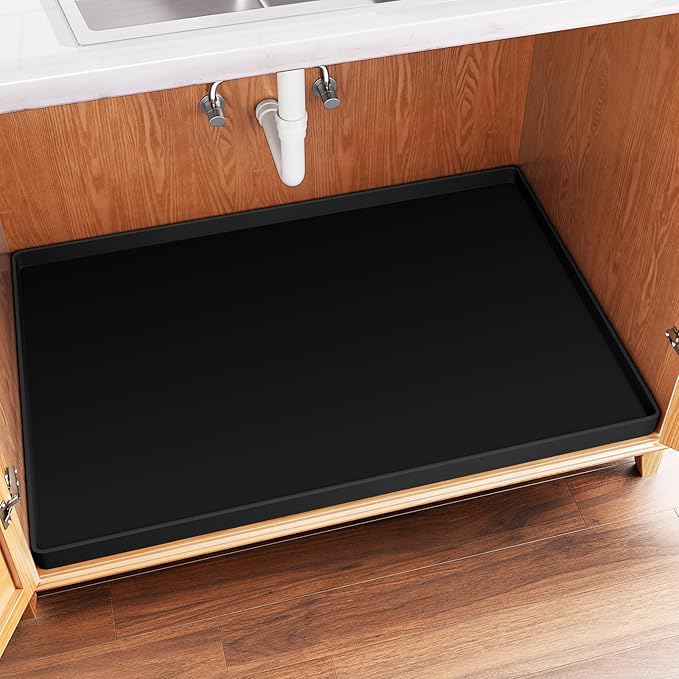 FLATO Waterproof Under Sink Mat, 19" x 19", Black | Shelf Liner for Kitchen and Bathroom, Cabinet Protector, Organizers and Storage, Flexible Silicone Drip Tray