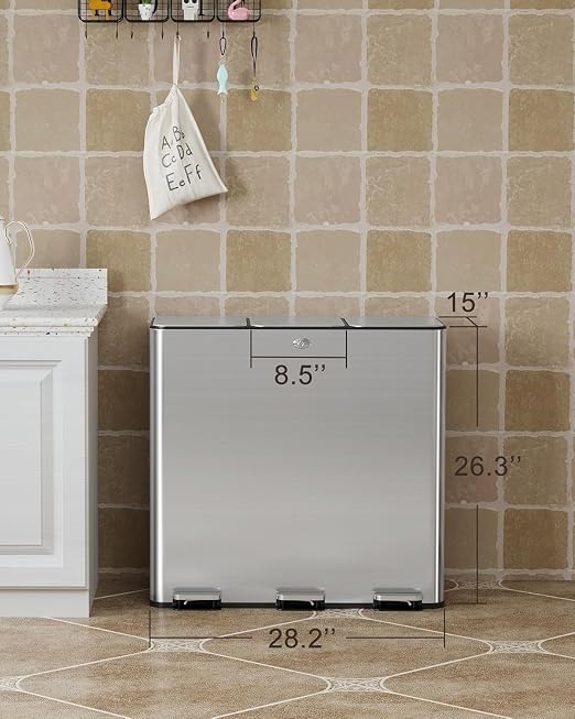 Trash Can 90 L/23.8 gal,Three-Compartment Pedal Stainless Steel Kitchen Recycling Trash Can with Odor Seal, Hands-Free Foot Operated Waste Bin for Home, Office, Restaurant, School, Hospital