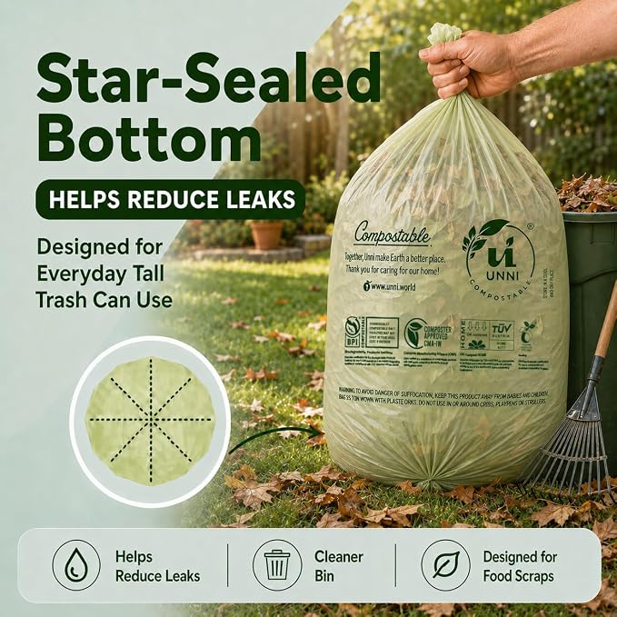 UNNI 30-33 Gallon Compostable Bags, 20 Count, 124 L, Extra Thick 1.1 Mil | Large Compost Bags for Lawn, Leaf & Yard Waste & Kitchen Organics, Certified by BPI, CMA & OK compost HOME, Meets ASTM D6400