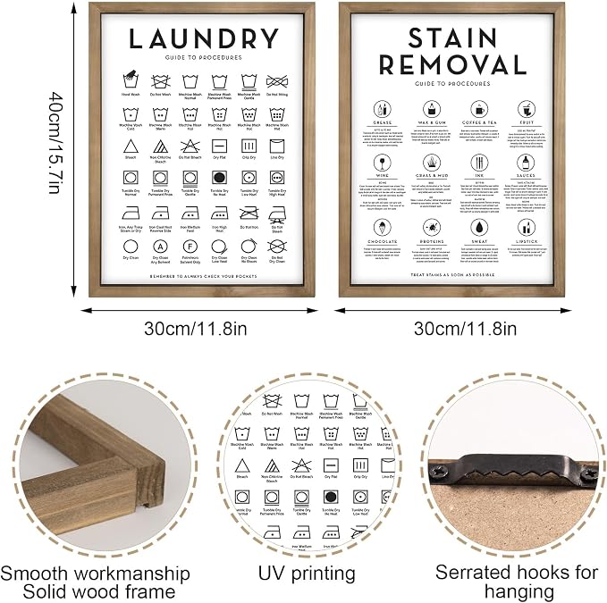 2 Piece Laundry Room Signs Pictures Wall Decor, 15.7×11.8 Inch Wooden Laundry Care Symbols Chart Wall Art, Stain Removal Wash Guide Print Rustic Farmhouse Decorations for Home Accessories