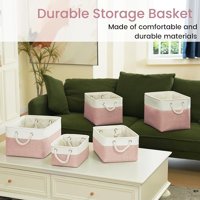 15x11x10 In Foldable Fabric Large Storage Bins with Handle 3 Pack | Organizer Baskets, Sturdy Metal Strand, Cardboard Support Molding, Storage Baskets for Shelves, Closet, Bedroom, White/Pink