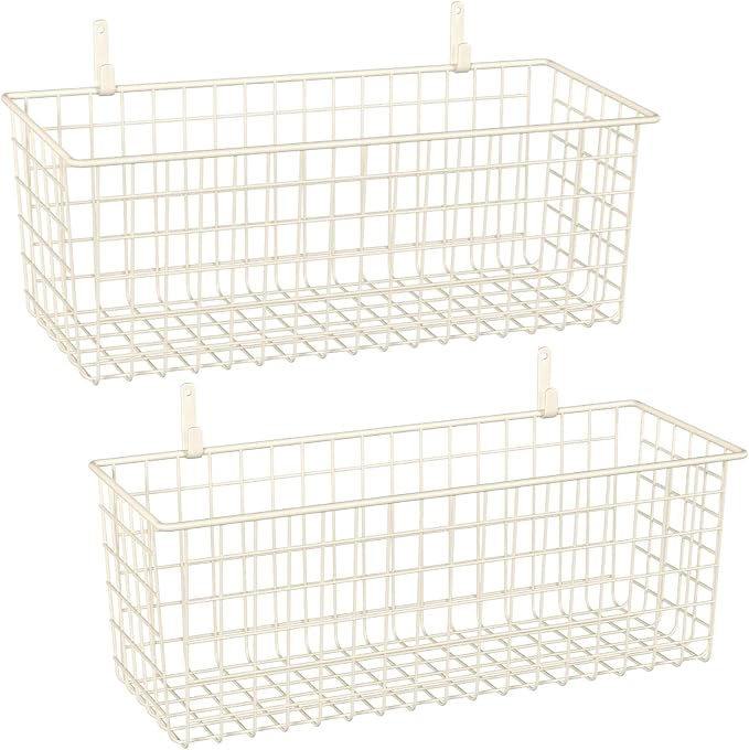 2 Sets White Extra Large Hanging Wall Basket with Steel Hooks | Metal Wire Baskets for Organizing, Wallmounted Fruit Vegetable Toy Snack Storage, Home Kitchen Bathroom Laundry Pantry