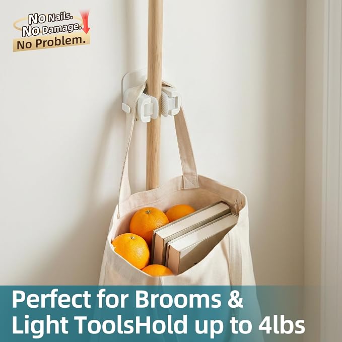 TAILI Mop and Broom Holder Wall Mount Grippers, 3 Hangers and 8 Adhesive Strips, Damage Free Hanging Wall Mount, Household Cleaning Organizer for Organization and Storage, Holds up to 4 lbs, White