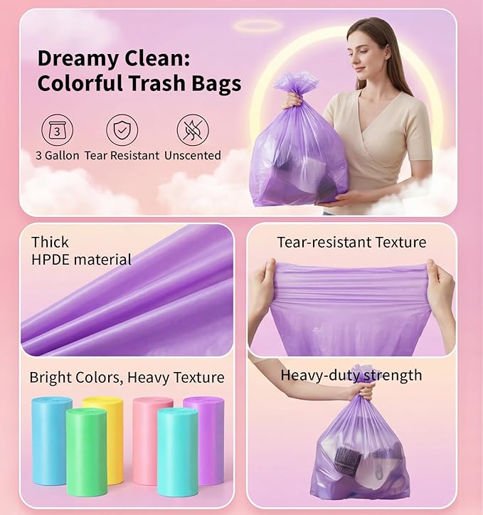 Small 3 Gallon Trash Bags Unscented, 0.78 Mil, Colored, 300 Count | 12 Liter Garbage Bag, Plastic Waste Basket Can Liners, Durable, Leakproof, Tear Resistant, for Bathroom Office Car Bulk