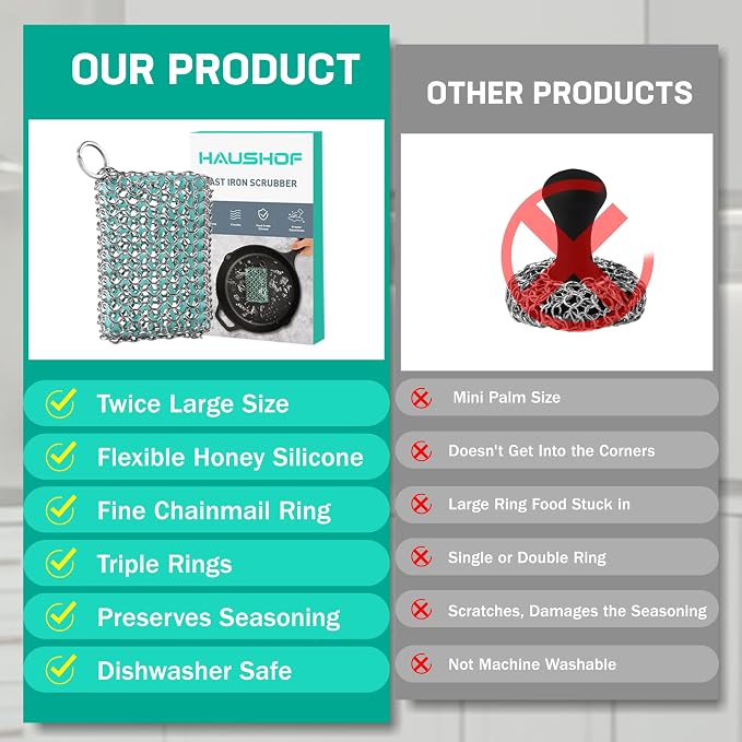 HAUSHOF Cast Iron Scrubber, Chainmail Scrubber Cast Iron Cleaner | Multi-Purpose Cleaning;Easy to Clean;Soft Silicone Liner;Protects Cast Iron Seasoning