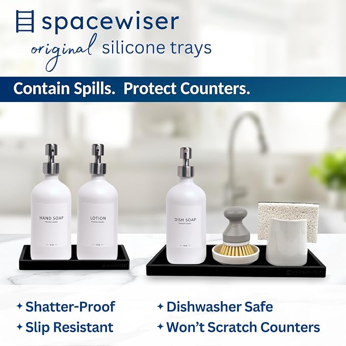 Spacewiser Countertop & Vanity Silicone Tray – 2 PC (11.7" & 7.7") Set | Bathroom Tray & Kitchen Soap Tray Set, Bathroom Counter Tray, Kitchen Sink Dish Soap Tray for Countertop Organization