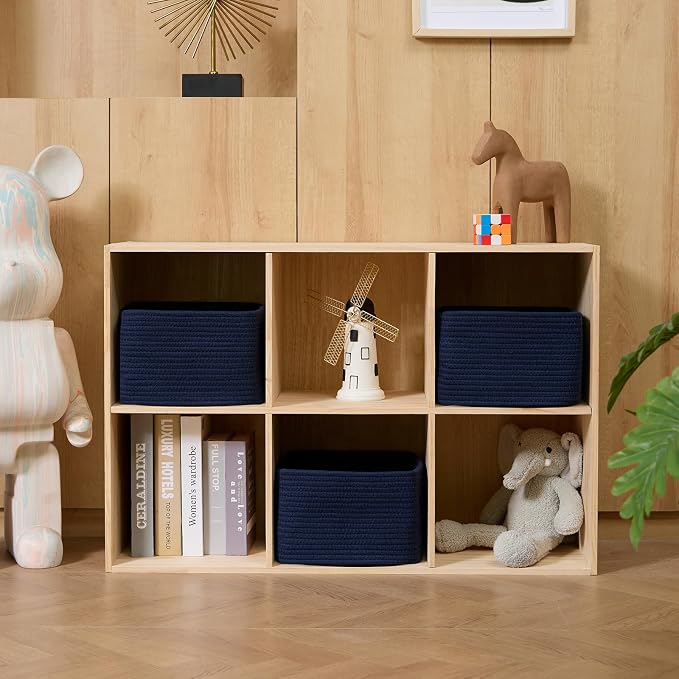 MiniArk Small Organizing Baskets for Cubes Shelf, 9.7x9.7x7.1 Inch Rope Woven Storage Bins for Nursery Shelves Storage, Cute Toy Basket, Square 3 Packs Navy Blue