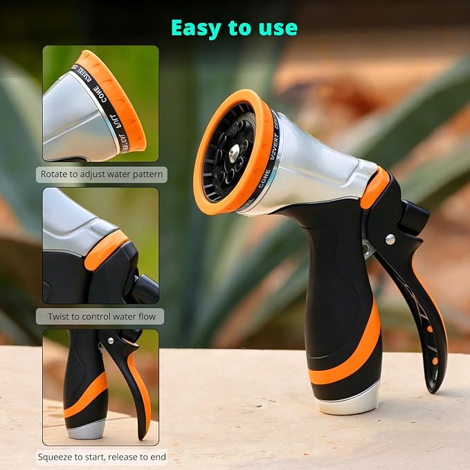 QUOBAS Metal Garden Hose Nozzle, Heavy Duty Water Hose Sprayer, Leak Proof | 10 Pattern Water Nozzle with Rubber Gasket, Garden Sprayer for Watering Plants, Washing Cars, Pet Shower, Orange