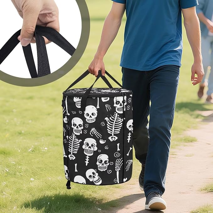 Collapsible Trash Can with Lid and Handles 24 Gallon Large Capacity Foldable Garbage Can for Camping Outdoor Reusable Waster Bag Black Skull Print