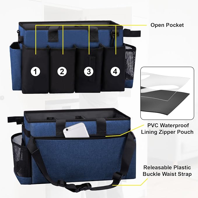 Wearable Large Cleaning Caddy Bag for Housekeepers (Blue) | Cleaning Supplies Organizer with Adjustable Shoulder, Waist & Handle Straps, Detailing Bag for Kitchen Supplies