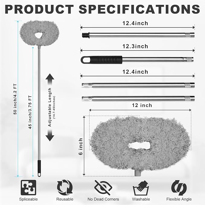 Storystore Ceiling Fan Cleaner Duster, Adjustable Microfiber Duster | 4.2FT Fan Cleaner with 13-50" Pole for Cleaning Fan Blades, Cobwebs, Walls, Doors and Windows, Brush for Dust Removal