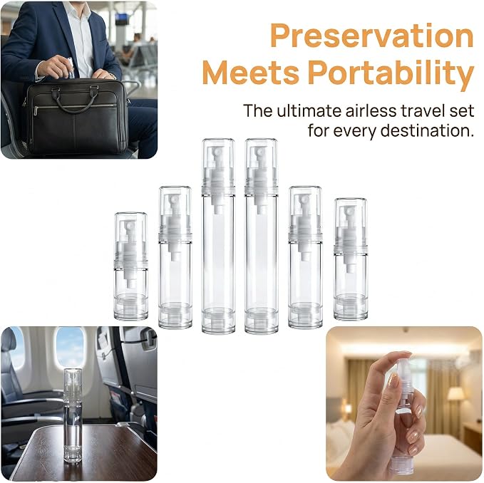 6pcs Airless Travel Spray Bottle, 5ml & 10ml & 15ml, Clear | Plastic, 360° Angle Leak Proof, Mini, Spray, Empty, Refillable for Facial Moisturizing