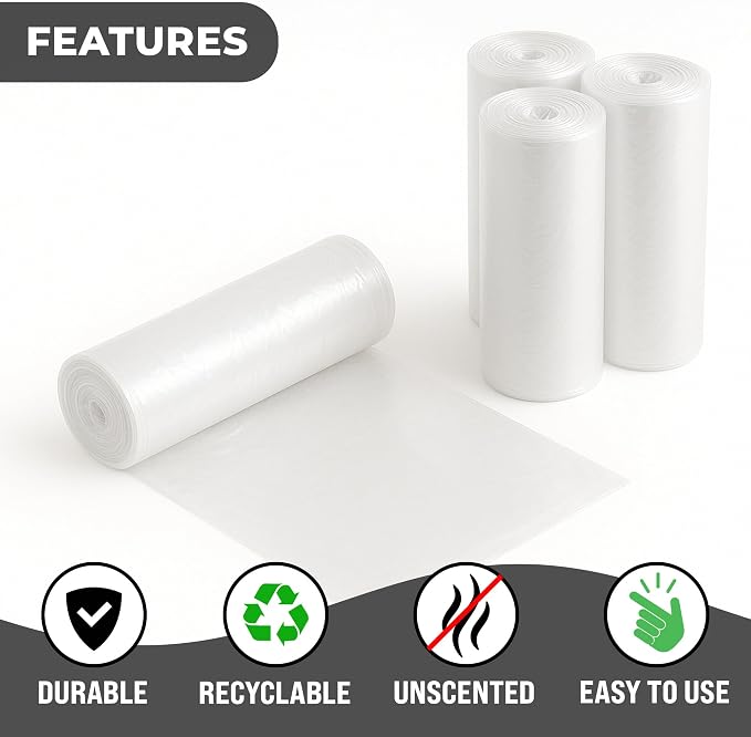 4 Gallon Clear Trash Bags, 200 Count, 6 Micron Wastebasket Liners | Lightweight 6-Micron Wastebasket Bags for Bathrooms, Bedrooms, Offices, and Everyday Trash