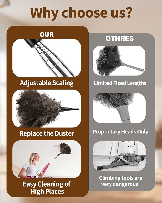 Ostrich Feather Duster, 18-48 Inch Extendable Feather Duster with Natural Fluffy Ostrich Feathers, Dusters for Cleaning Ceiling Fans, Blinds, High Ceilings, Furniture, Cars, Washable & Reusable