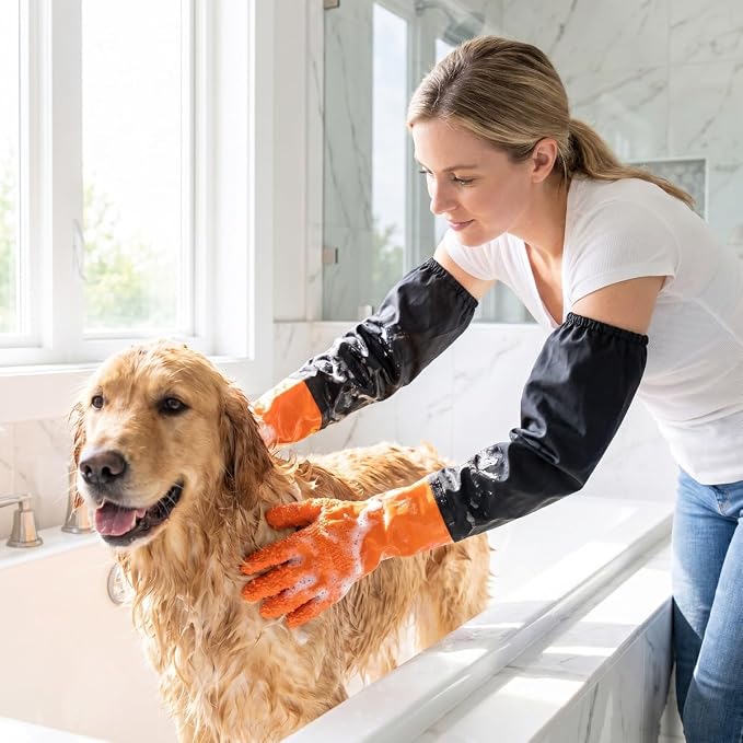 Dog Bathing Gloves, 27.6" Waterproof Extra Long Pet Washing Glove (1 Pair) | Anti-Slip Grip, Full Arm Scratch Protection for Dog Cat Grooming, Bathing & Nail Trimming