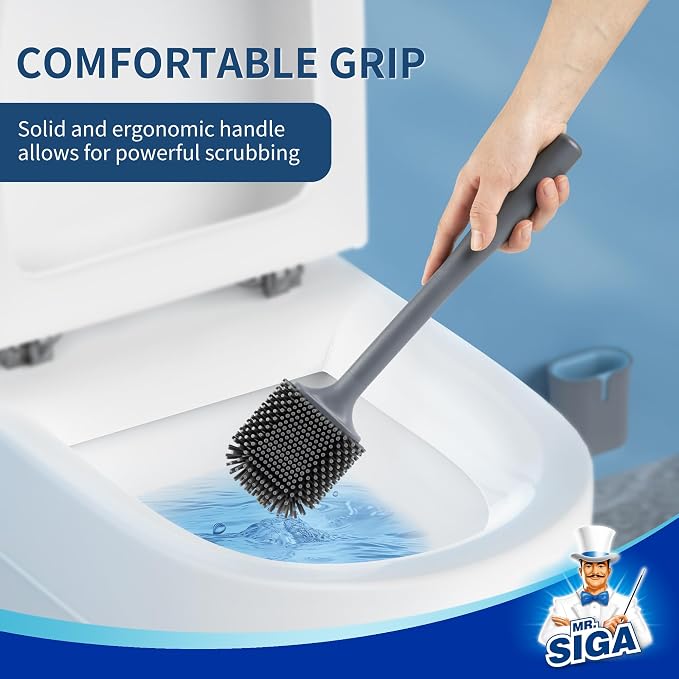MR.SIGA Toilet Brush and Holder Wall Mounted, Gray, 1 Pack | Compact space saving toilet cleaner brush, scratch free thermoplastic rubber head, easy to clean and dry quickly