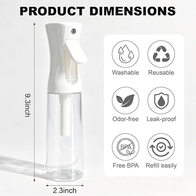 5 Pack Continuous Spray Bottles - Fine Mist Sprayer for Plants, Hair, Pets | Water Spray Bottle, Plant Mister, Spritz Bottle (6.8 OZ, White)