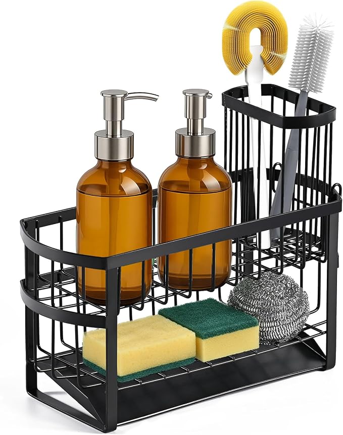 Kitchen Sink Organizer Caddy, 2 Tier Sink Caddy Organizer with High Brush Holder, Rust-Proof Countertop Rack (Black 10.6 * 4.3 * 5.7") for Kitchen Accessories & Dish Brushes