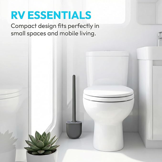 RV Silicone Toilet Brush with Holder, Drill-Free Wall Mounted Toilet Bowl Cleaner, Anti-Drip Anti-Roll Compact Brush for RV Camper & Small Bathroom (Black)