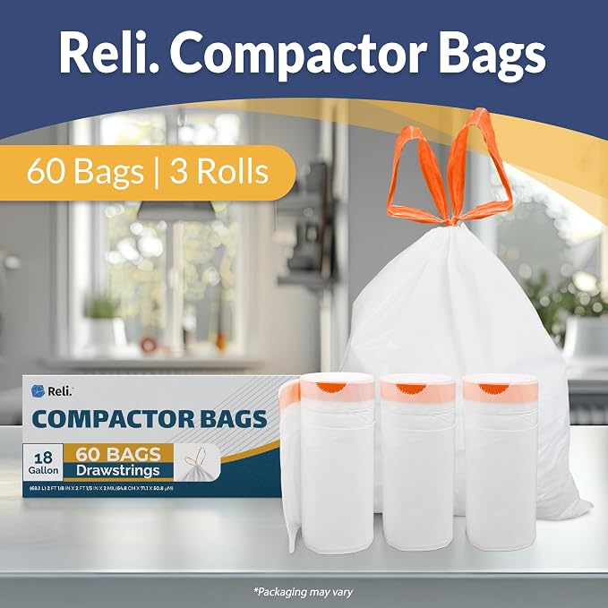 Reli. 18 Gallon Compactor Bags for Kitchen | 60 Pack, Heavy Duty Trash Bags | Leak-proof, Tear-Resistant | Fits Kitchen Aid Whirlpool GE, No-slip drawstring, 24 x 24", White