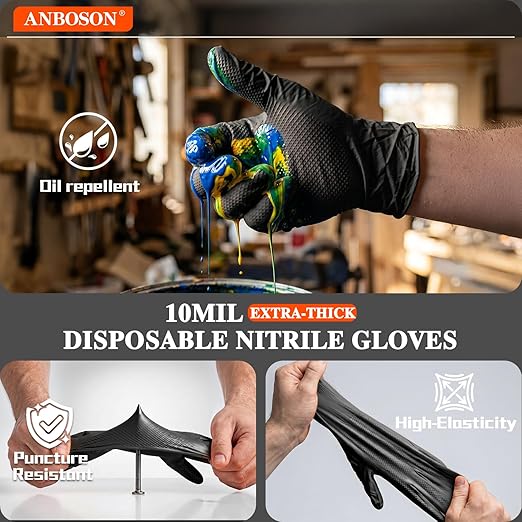10 Mil Heavy Duty Mechanic Nitrile Gloves, XLarge Black 200 Count | Diamond Grip,Latex Free,Chemical Resistant Disposable Thick Rubber Gloves for Auto Repair, Industrial, Food, Work ,BBQ,Men