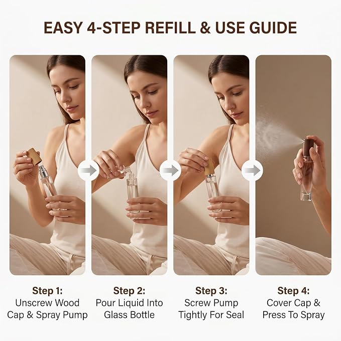 2 Pack 15ml 0.5oz Refillable Glass Spray Perfume Bottles Dispenser with Fine Mist Sprayer & Wooden Lid-Travel & Home Fragrance Containers for Cologne Essential Oils Cosmetic Liquids