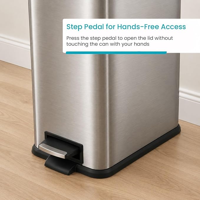 Home Zone Living 8 Gallon Kitchen Trash Can with Slim Fit Design | Stainless Steel with Soft-Close Step Pedal Lid, Bag Tuck Band for Easier Bag Changes, Rectangular Shape, Silver