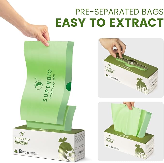 SUPERBIO 8 Gallon Compostable Drawstring Kitchen Waste Bags | 30.3 Liter, 30 Count, 1 Mil, Heavy Duty Food Waste Bags, BPI, Seedling and OK compost INDUSTRIAL
